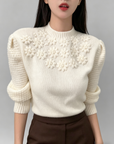 French Heavywork Chunky Floral Wool-Cashmere Sweater