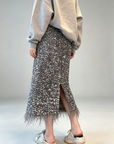 Sequin Skirt with Ostrich-Feather Trim