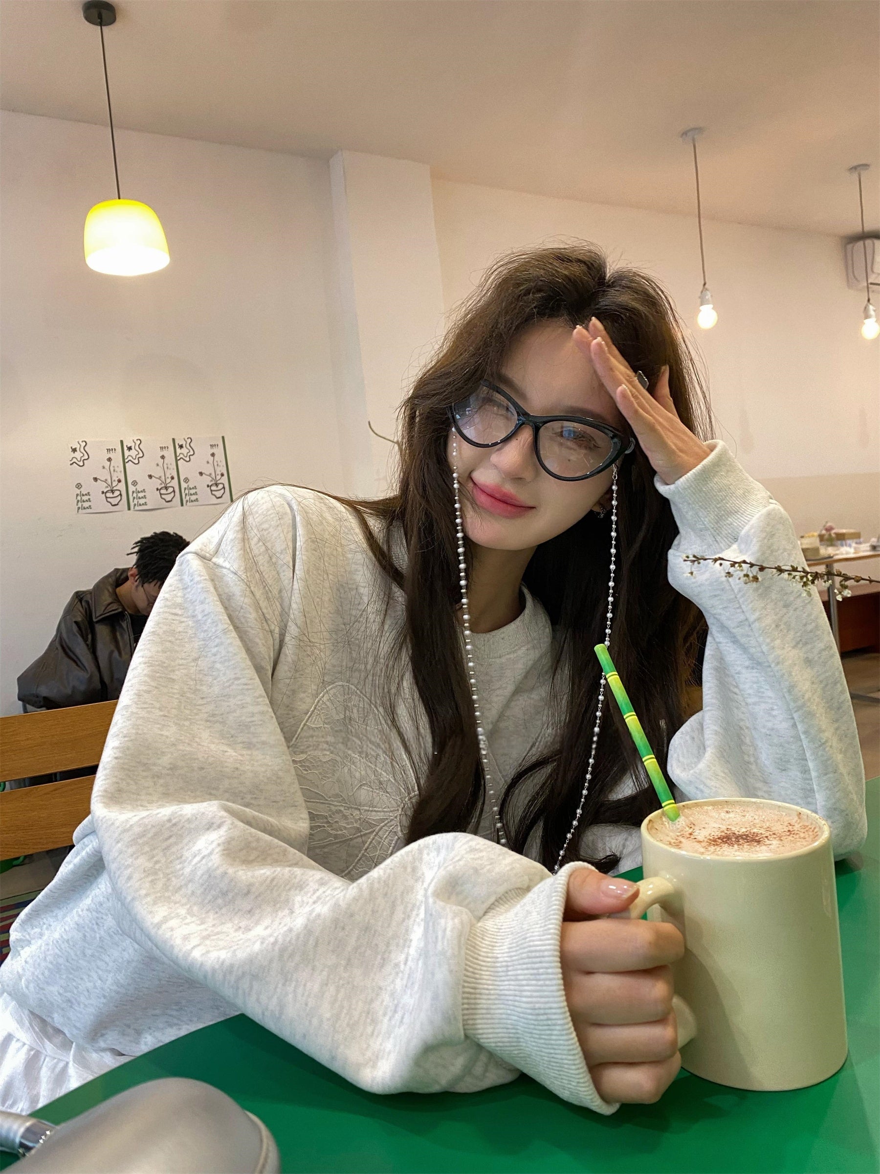 Korean-Style Relaxed Sweatshirt with Lace Bow Detail