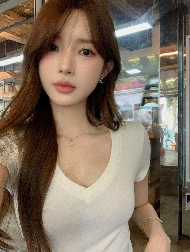 Slim-Fit V-Neck Pure Cotton Short Sleeve TEE