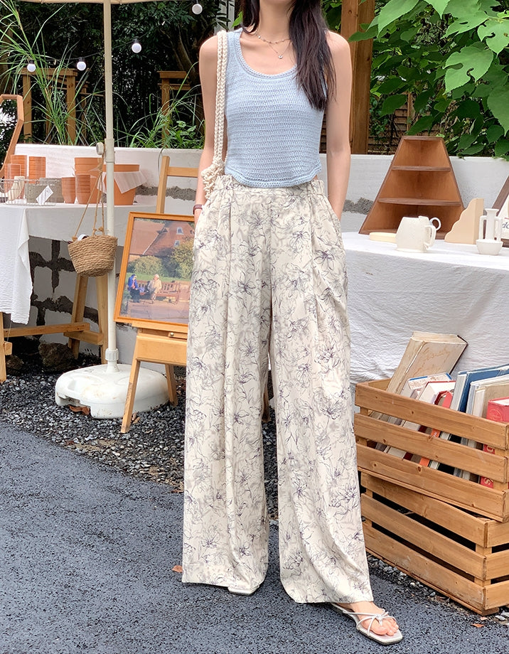 Summer Ink Print Wide-Leg Pants
