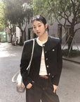 Korean-style short blue tweed jacket – youthful look