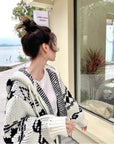 Korean OPEN YY Rose Jacquard Thick Knit Cardigan