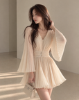 Apricot Pleated Flare-Sleeve Dress
