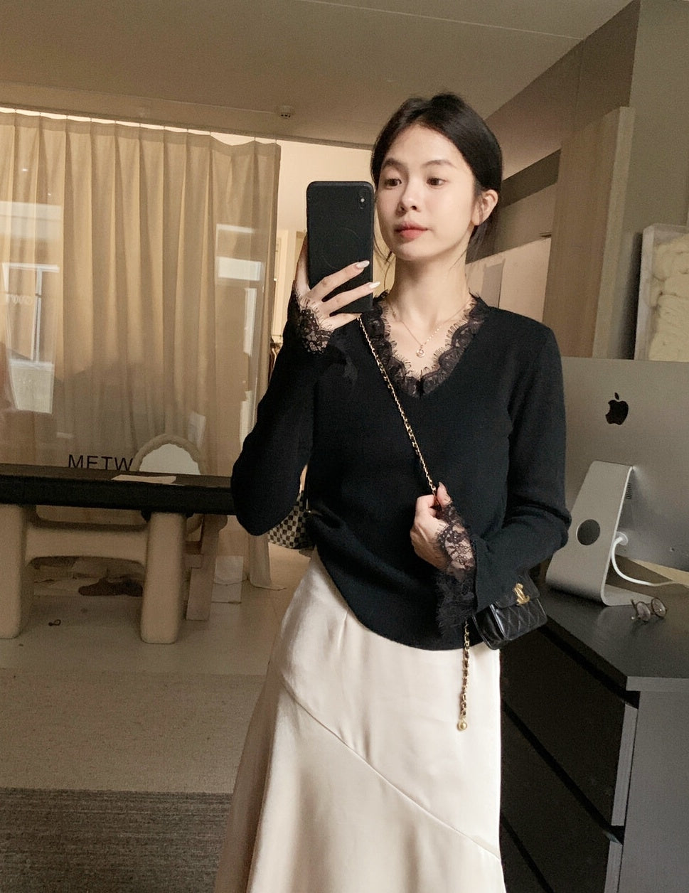 Korean-Style Lace V-Neck Knit Top