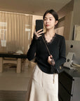 Korean-Style Lace V-Neck Knit Top