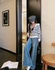 Sequin V-Neck Striped Lambswool Knit Top