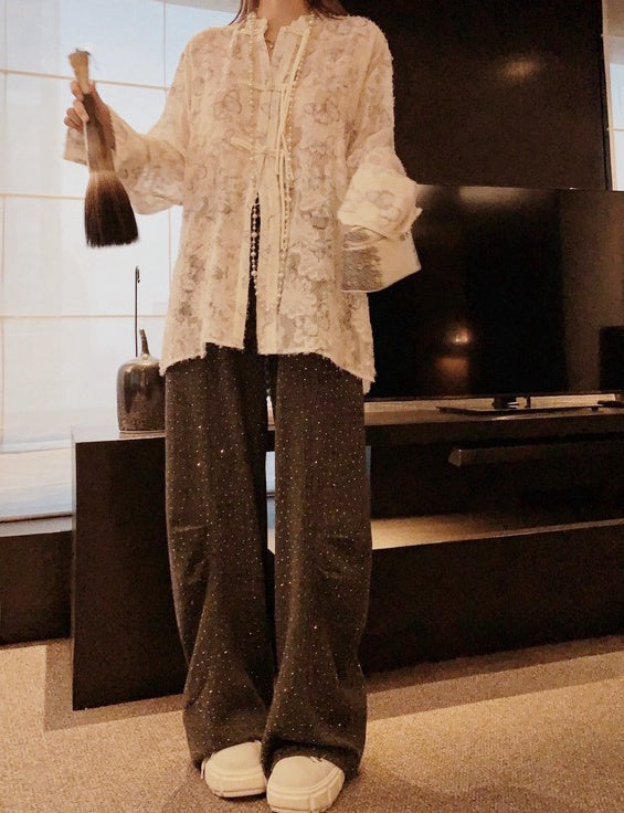 Starry Rhinestone Velvet Lined Wide-Leg Pants(Dark brown)