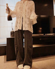 Starry Rhinestone Velvet Lined Wide-Leg Pants(Dark brown)