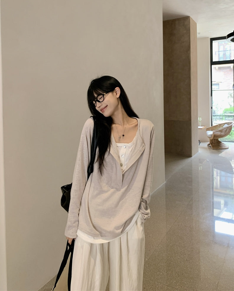 Snowflake Tencel Cotton Layered-Look Half-Placket Shirt+PANT