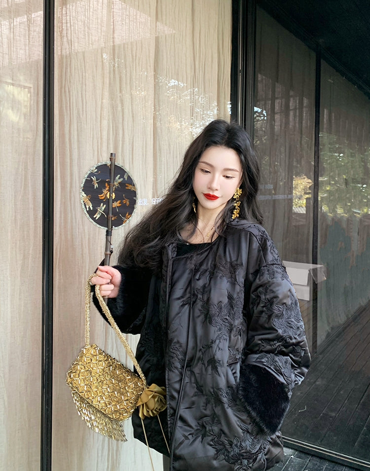 New Chinese Style Satin Embroidered Down Jacket (Without Fur Scarf)