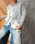 French-Style Sequin V-Neck Gray Knit Cardigan