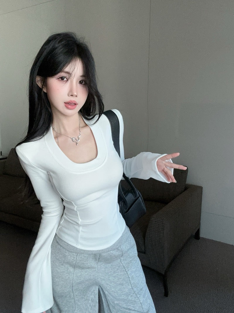 U-Neck Brushed Thickened Top with Padded Shoulders