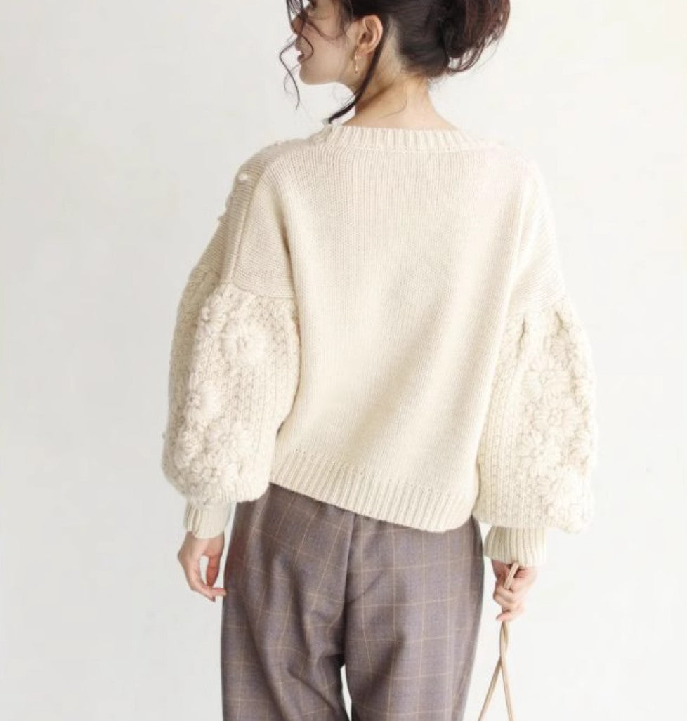 French Heavywork Chunky Floral Wool-Cashmere Sweater
