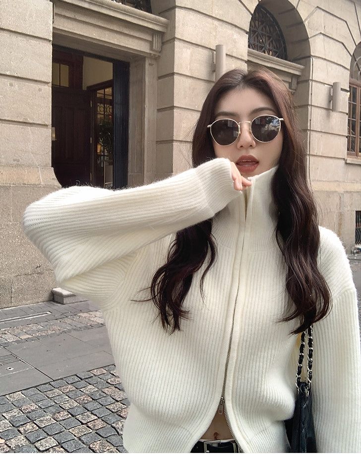 Double-Zip High Neck Thick Knit Cardigan