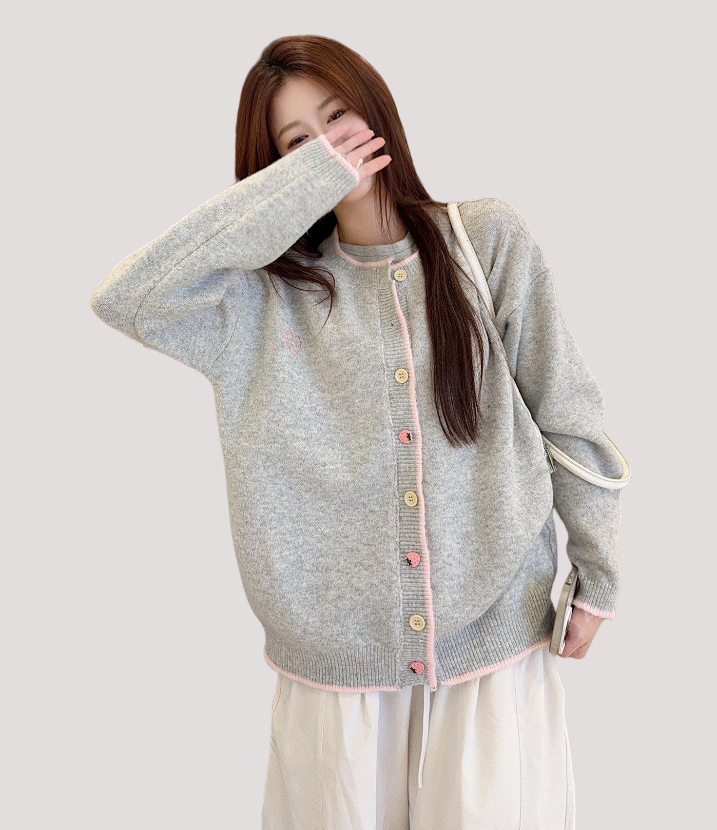 Light Grey Korean-Style Relaxed Knit Cardigan