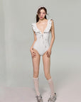 White Embroidered Deep V One-Piece Swimsuit
