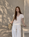 Lace Patchwork V-Neck Short Sleeve Tee