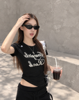 Black Structured Shoulder Beaded Cotton Tee