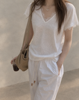 Lace Patchwork V-Neck Short Sleeve Tee