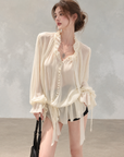 White Moonlight Ribbon Chiffon V-Neck Blouse