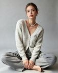 French-Style Sequin V-Neck Gray Knit Cardigan