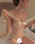 Open-back lace bodysuit with crotchless design.