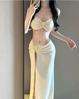 Luxury Gold Foil 3-Piece Swimsuit Set with Slit Skirt