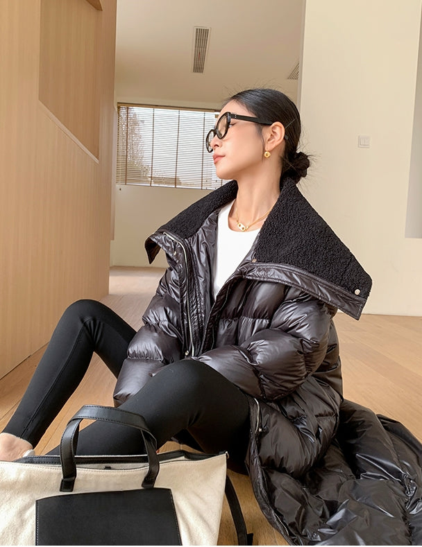 Glossy Oversized Collar Down Coat – Wash-Free Finish