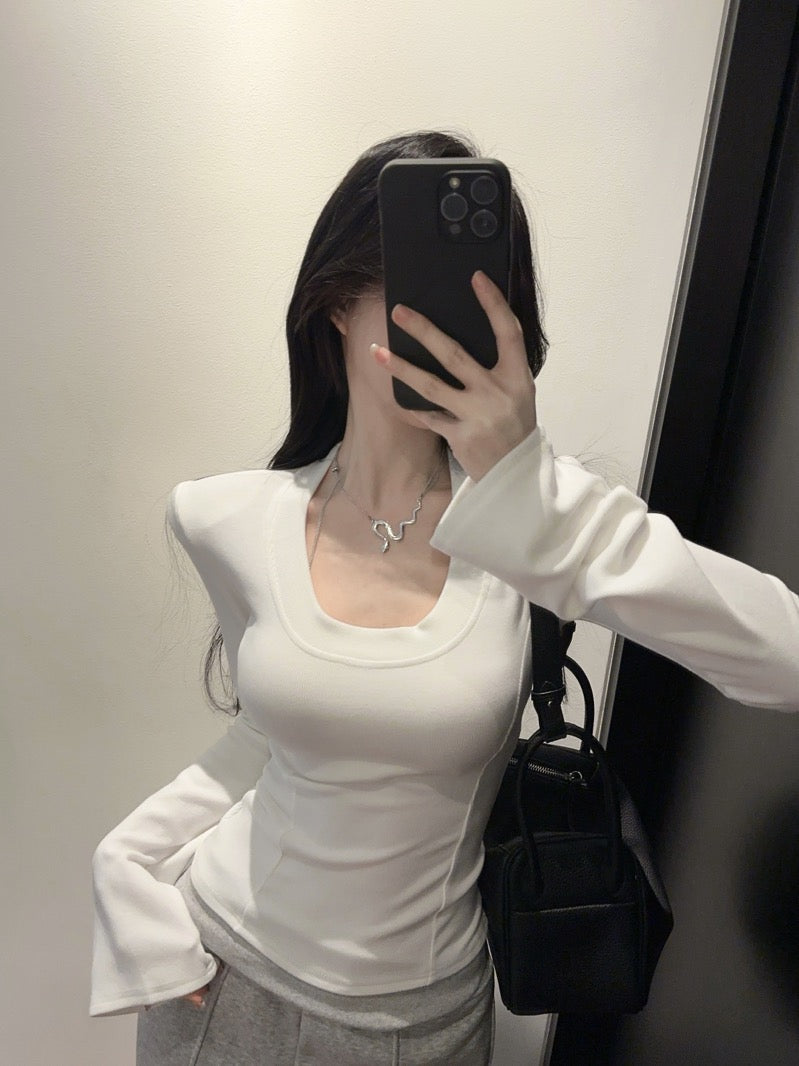 U-Neck Brushed Thickened Top with Padded Shoulders