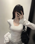 U-Neck Brushed Thickened Top with Padded Shoulders