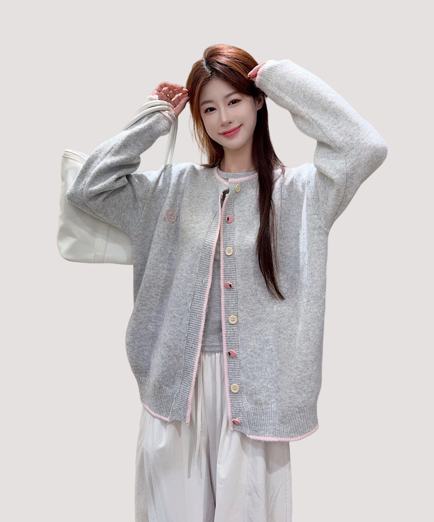 Light Grey Korean-Style Relaxed Knit Cardigan