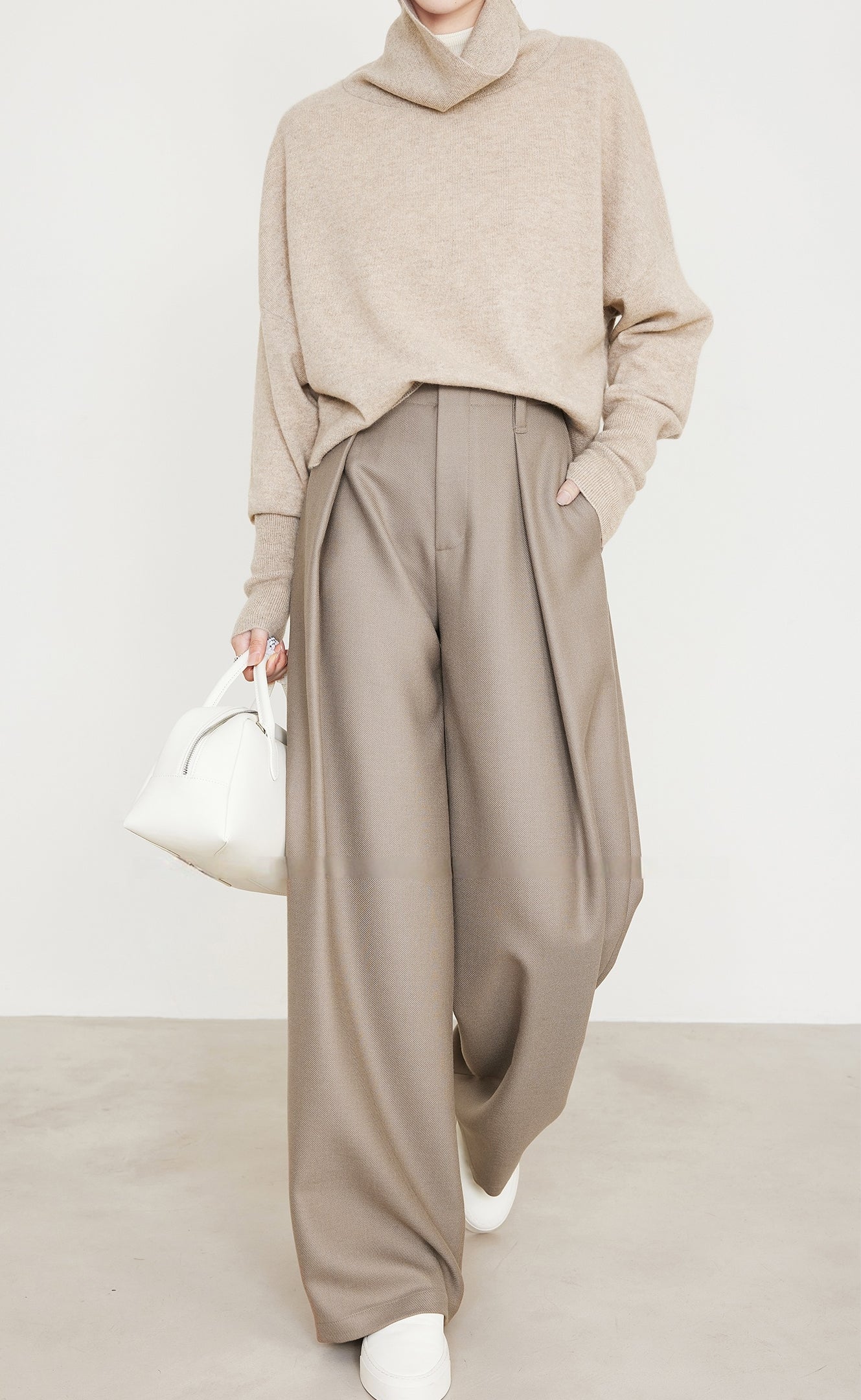 Shamoka Wool Camel Wide-Leg Curved Pants