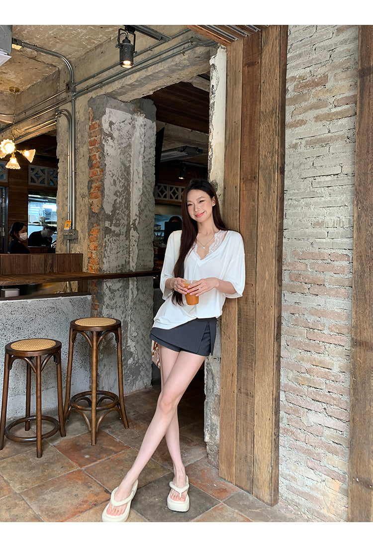 Straight-Shoulder Lace Faux Two-Piece Loose TEE