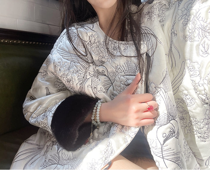 New Chinese Style Satin Embroidered Down Jacket (Without Fur Scarf)