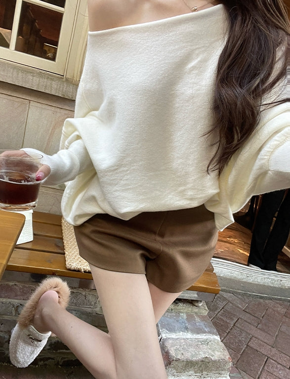 Stylish Asymmetrical Shoulder Knit Long-Sleeve Top