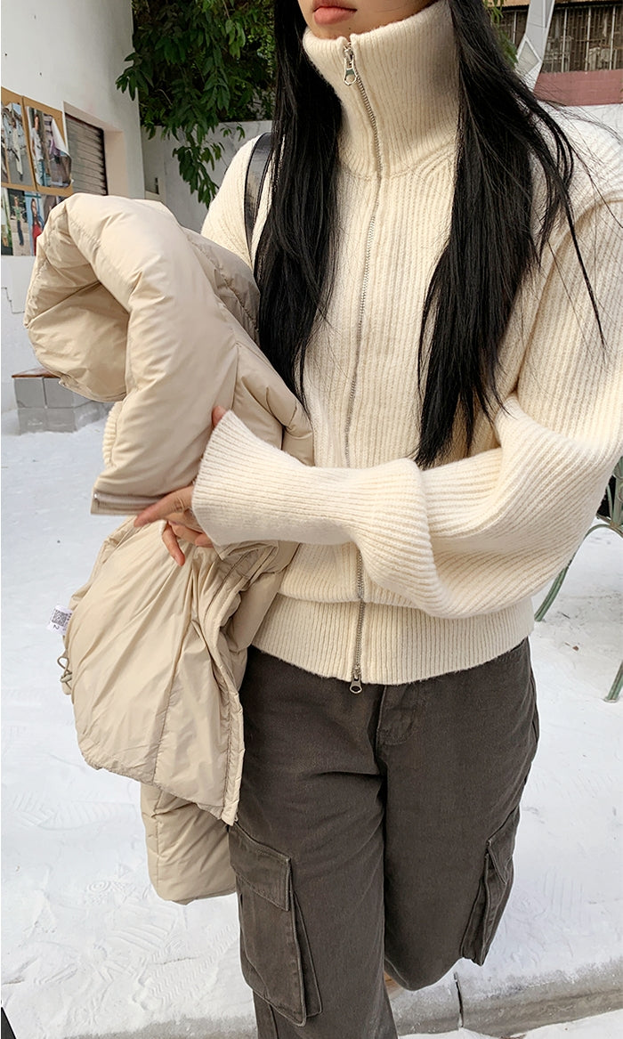 Double-Zip High Neck Thick Knit Cardigan