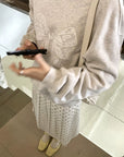 Korean-Style Relaxed Sweatshirt with Lace Bow Detail