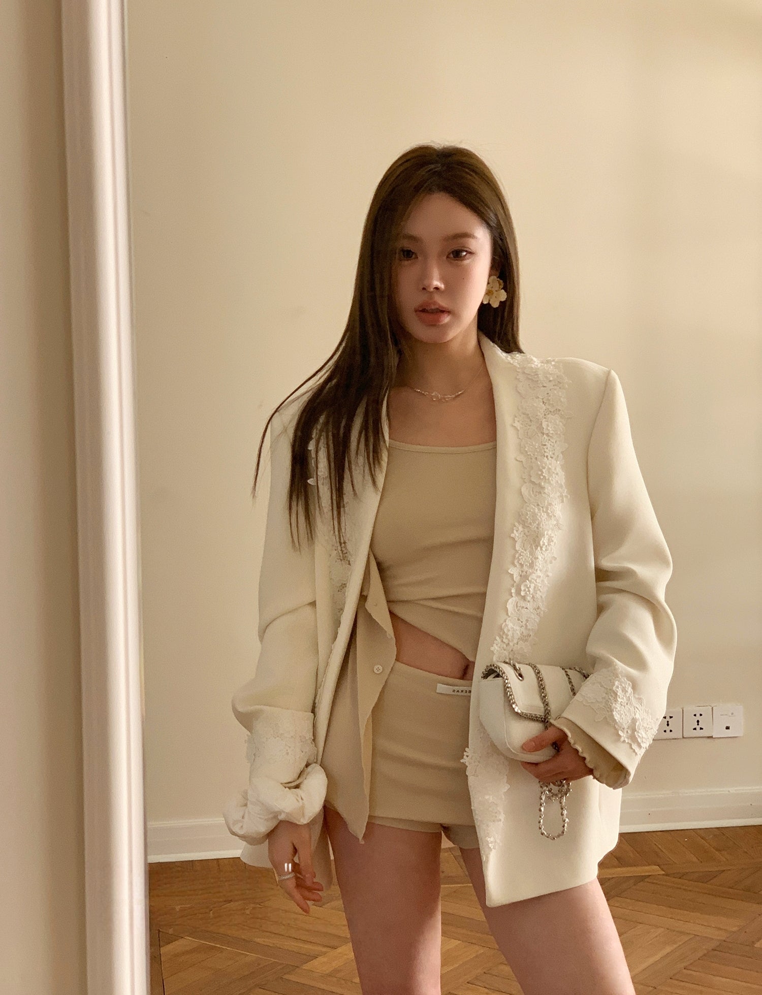 Statement lace-panelled couture blazer