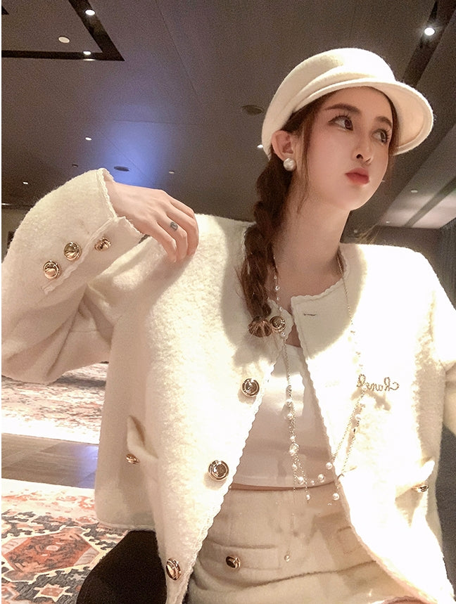 Wool Blend Bouclé Tweed Set with Golden Buttons