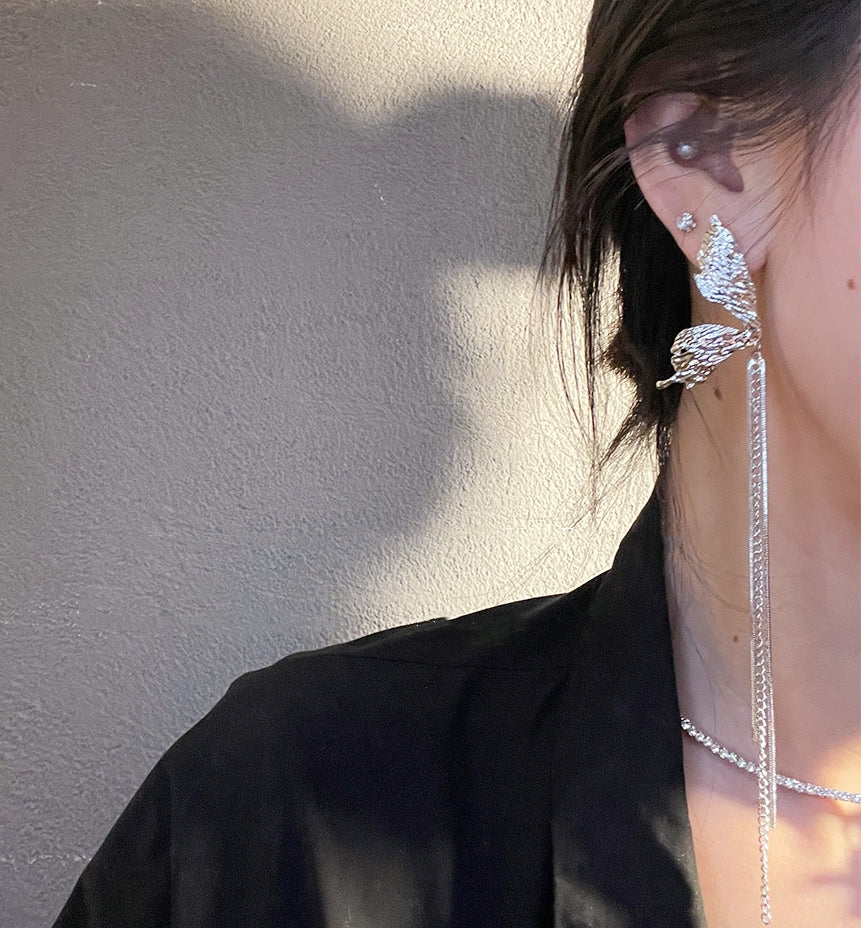Korean 925 Silver Butterfly Wing Tassel Earrings