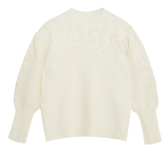 French Heavywork Chunky Floral Wool-Cashmere Sweater