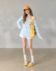 Korean-style blue and white striped off-shoulder sun-protection top