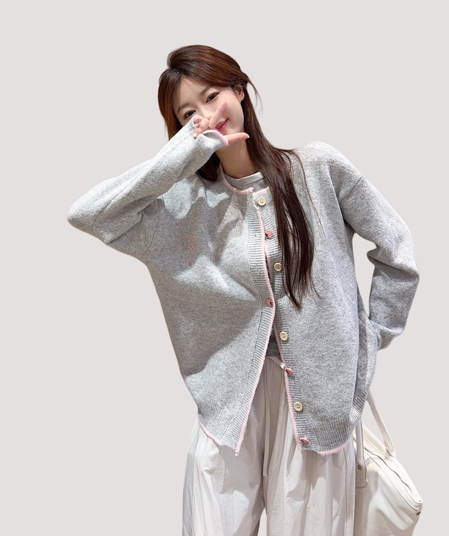 Light Grey Korean-Style Relaxed Knit Cardigan