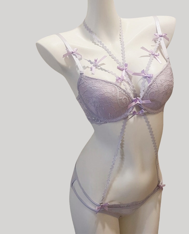 Romantic Purple Bow Halter Push-Up Lingerie