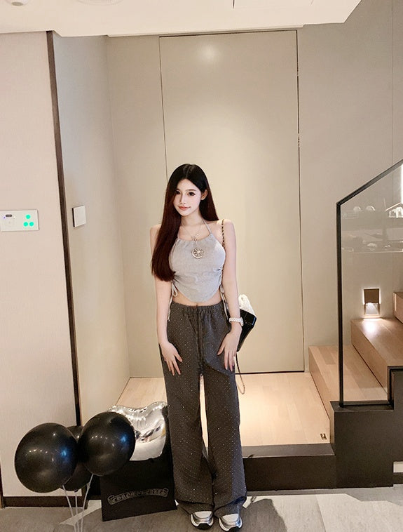 Starry Rhinestone Velvet Lined Wide-Leg Pants(Dark brown)