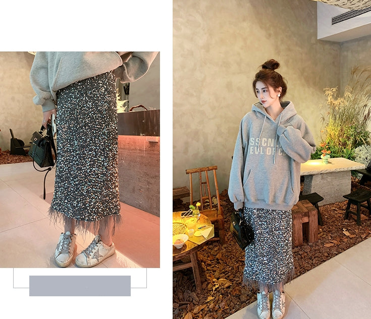 Sequin Skirt with Ostrich-Feather Trim