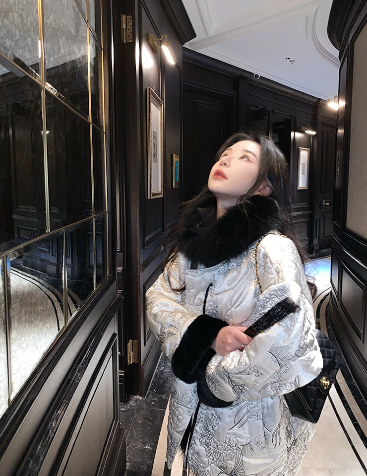 New Chinese Style Satin Embroidered Down Jacket (Without Fur Scarf)