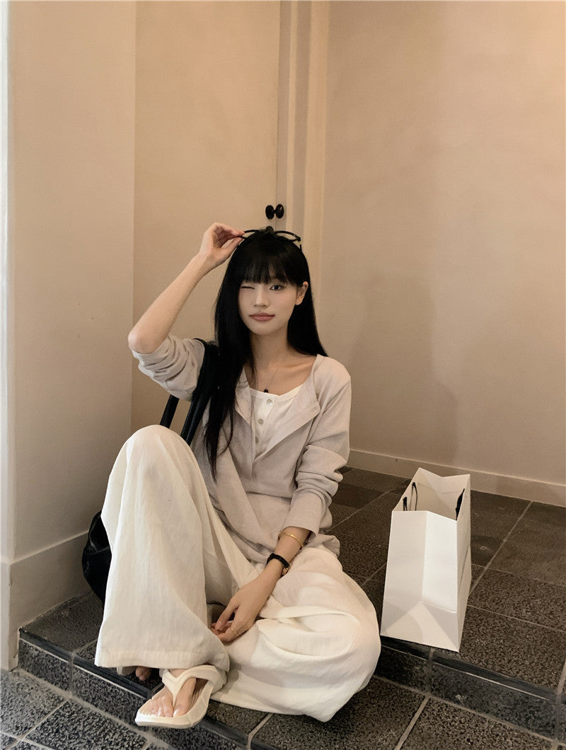 Snowflake Tencel Half-Placket Shirt + Wide-Leg Pants Set