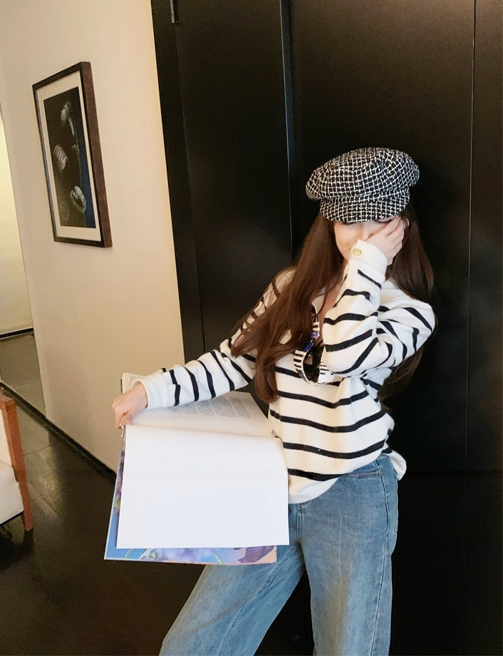 Sequin V-Neck Striped Lambswool Knit Top